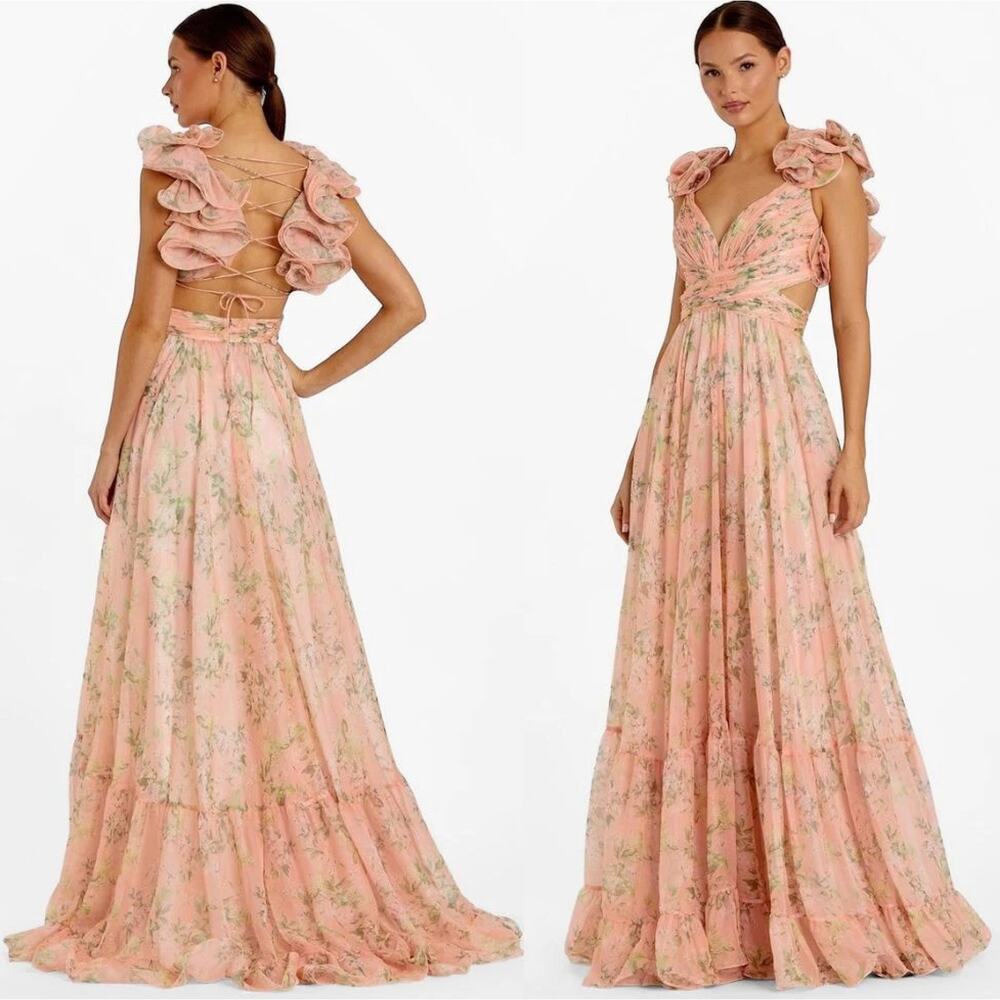 Mac Duggal 4 Pink Floral Ruffle Cutout Dress